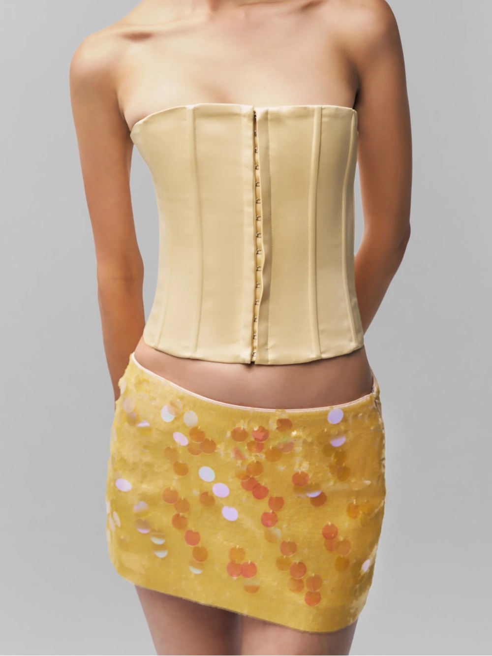 GUIZO Low Rise Paillette Skirt Yellow Sequined Mini Small